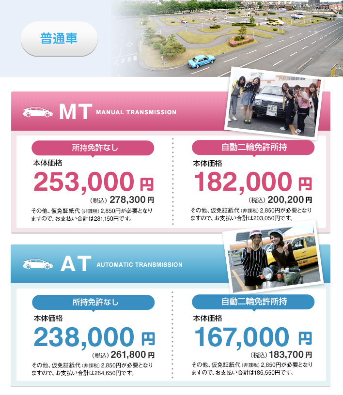 グループ校特別料金 普通車MT：所持免許なし 253,000円（税込）281,150円  自動二輪免許所持 182,000円（税込）200,200円  普通車AT：所持免許なし 238,000円（税込）261,800円  自動二輪免許所持 167,000円（税込）183,700円